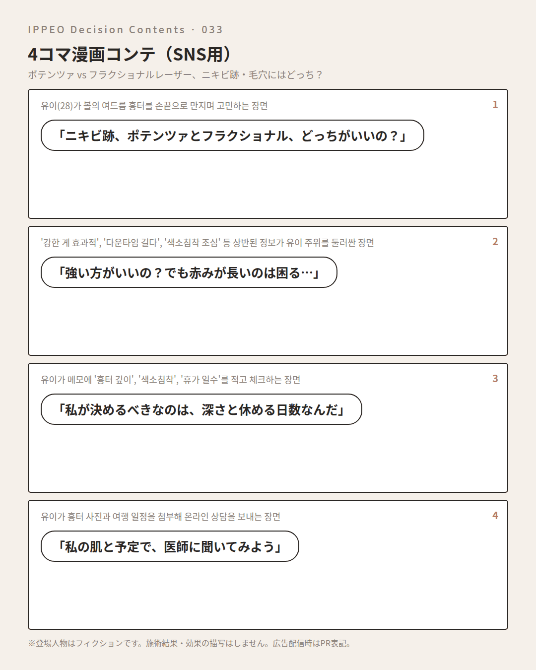 ポテンツァ vs フラクショナルレーザー、ニキビ跡・毛穴にはどっち？ — 4コマで見る