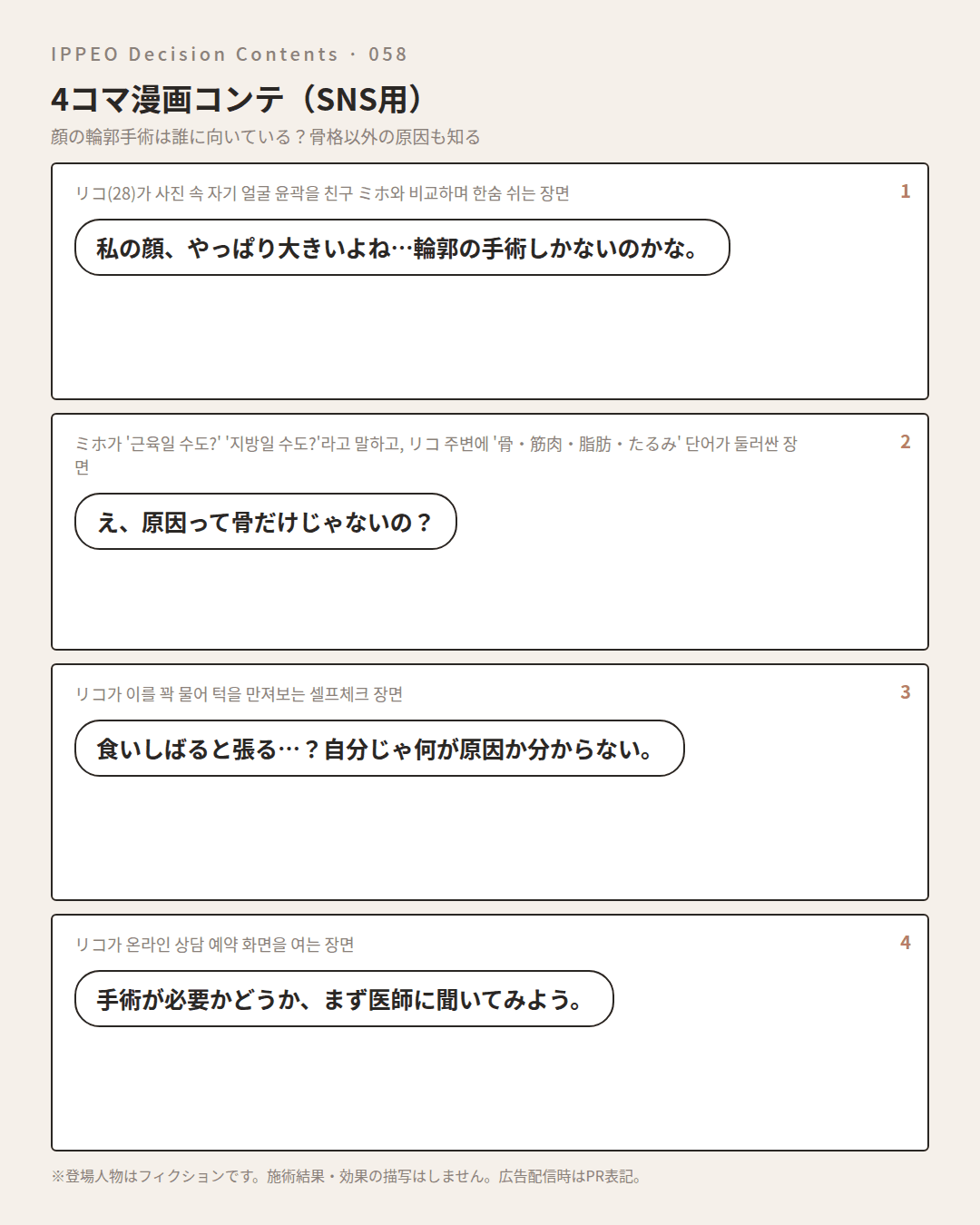 顔の輪郭手術は誰に向いている？骨格以外の原因も知る — 4コマで見る