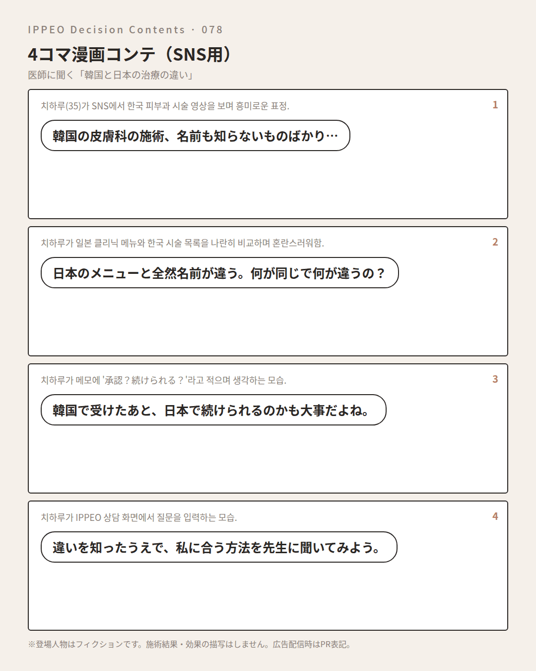 韓国と日本の美容医療は何が違う？製剤・施術名・相談の流れ — 4コマで見る