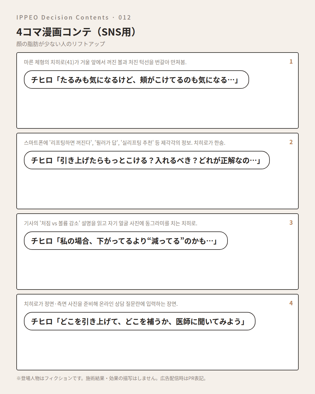 顔の脂肪が少ない人のリフトアップ — 4コマで見る