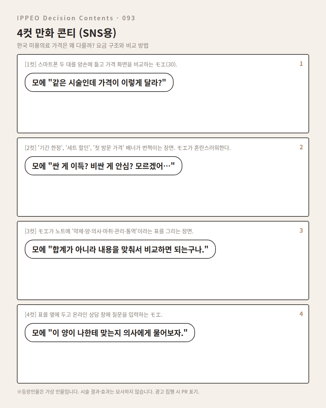 한국 미용의료 가격은 왜 다를까? 요금 구조와 비교 방법 — 4컷 만화로 보기